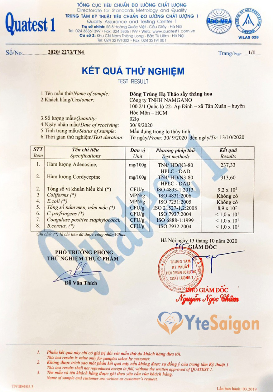 Chứng nhận chất lượng đông trùng hạ thảo Mangano